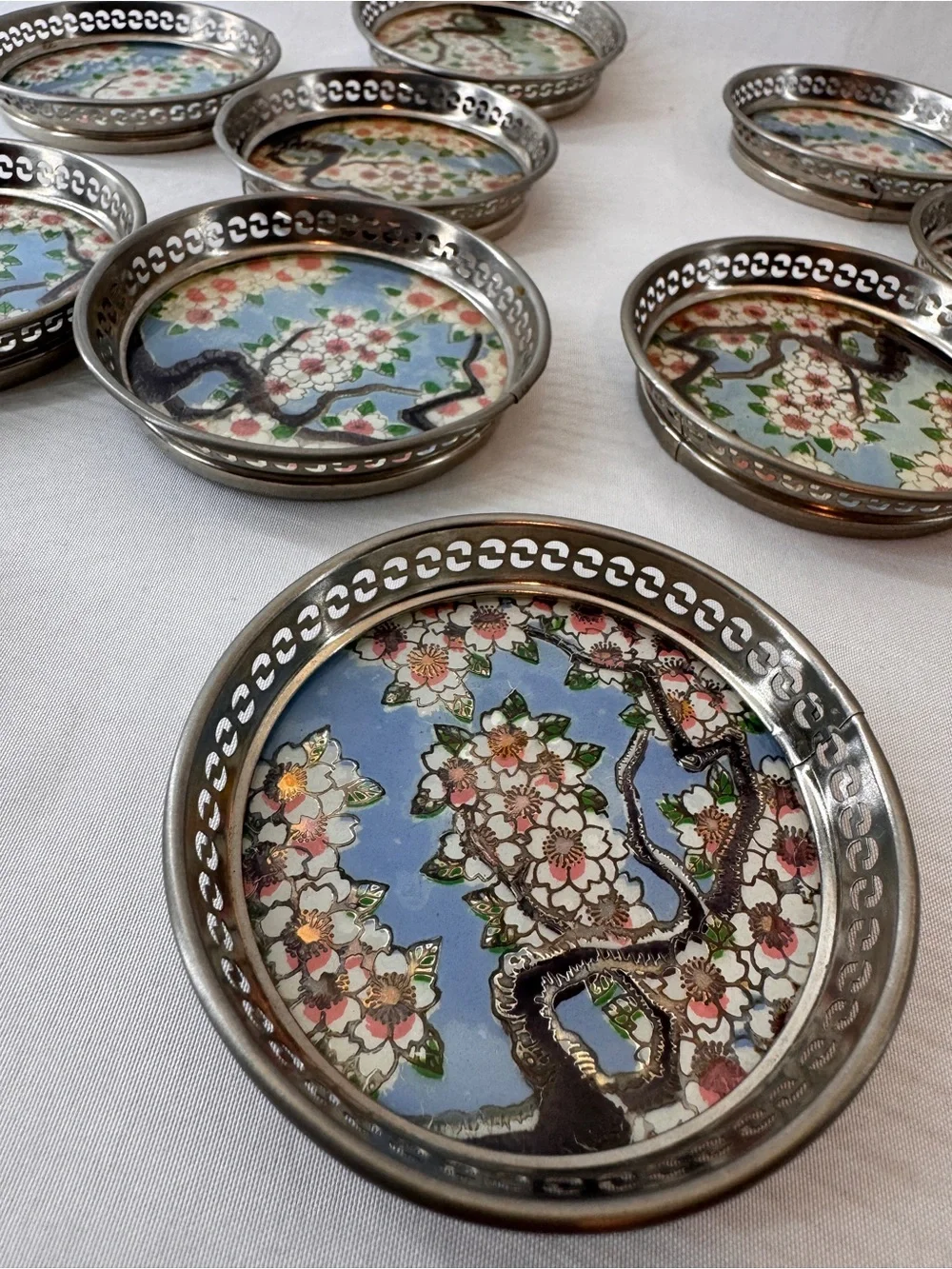 Vintage MCM Barware Japanese Sakura Foil & Washi Paper Glass Coasters MAKE OFFER